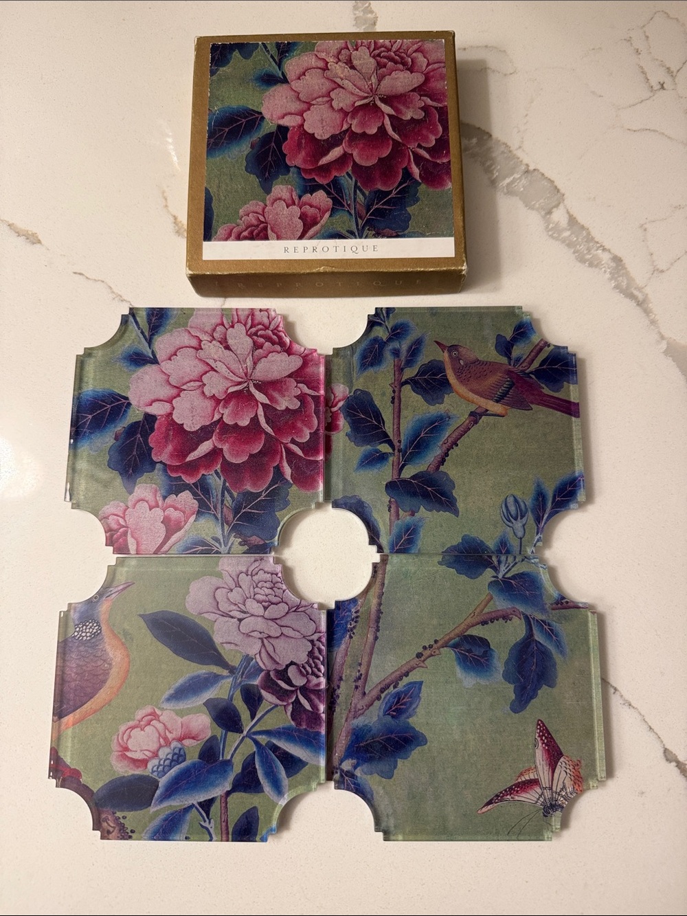 Reprotique Green Chinosierie Floral Tile Coasters in Pink and Green - Set of 4